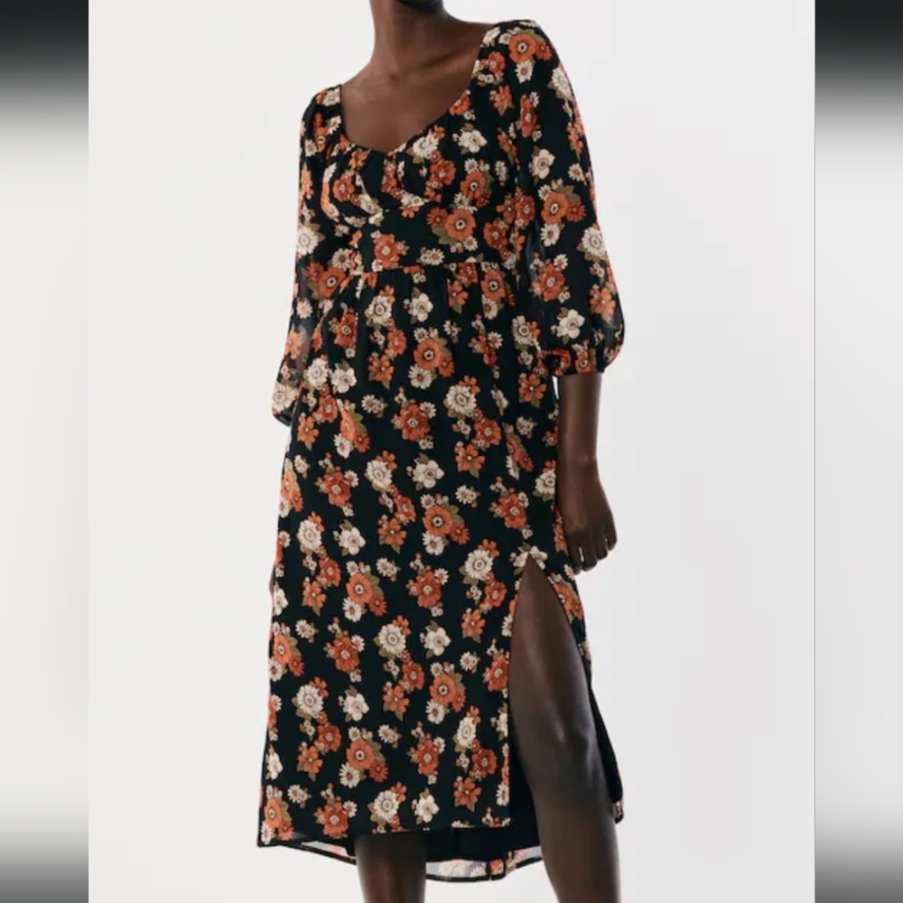 Floral Long Sleeve Midi Chiffon Dress Hollister
